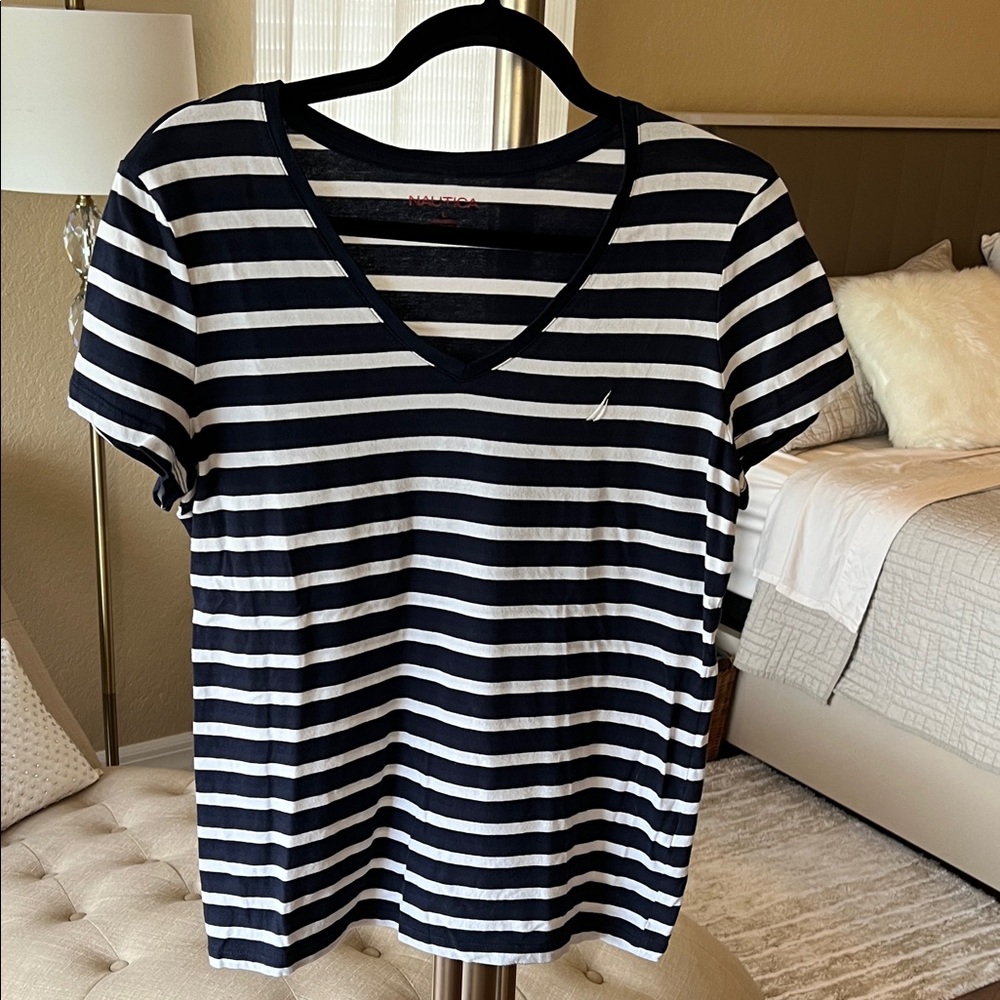 Nautica Women's Navy and White Striped V-Neck Tee
